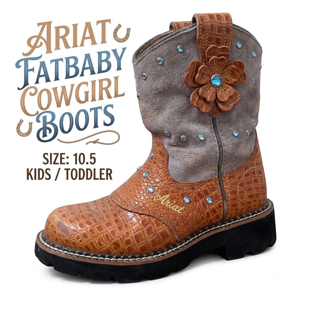 Ariat Kids Fatbaby Cowgirl Boots Croc Suede Rhinestone US 10.5